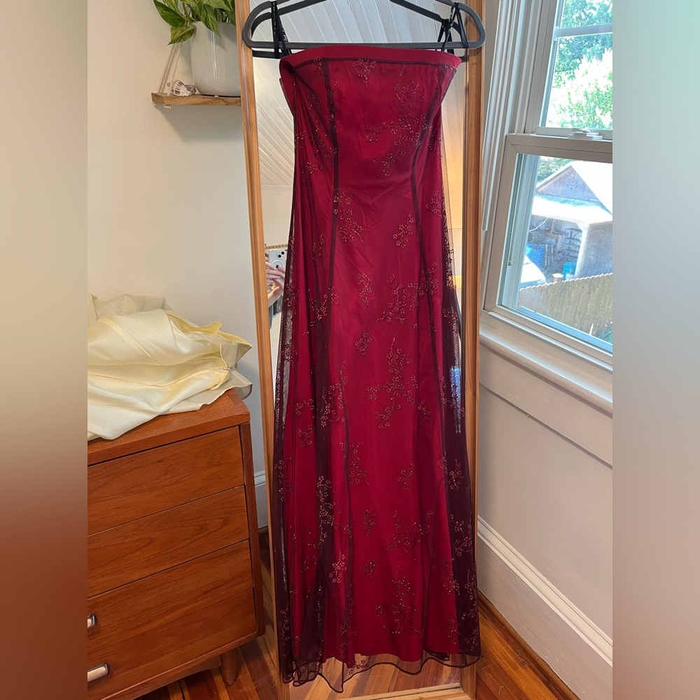 Strapless Red Evening Gown with Glitter Overlay